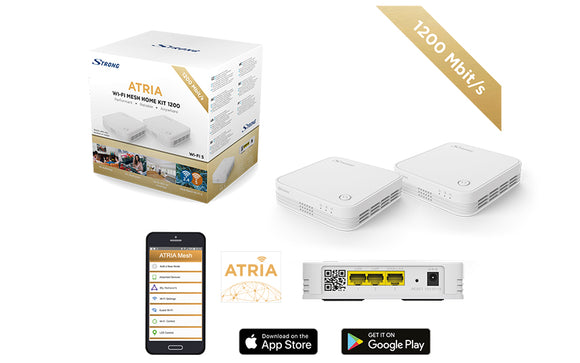 STRONG Wi-Fi Mesh Home Kit 1200, WLAN Amplifier, Home Network Repeater up to 200 m² Coverage, up to 1200 Mbit/s, 2.4 + 5 GHz, 3 x Gigabit LAN, Black MESHKIT1200 Atria