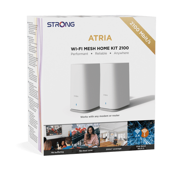STRONG Atria Wi-Fi Mesh Home Kit 2100, WLAN Amplifier, Repeater, 200 m² Coverage, 2100 Mbit/s, 2.4 GHz + 5 GHz, 3 x Gigabit LAN/WAN Ethernet Ports, White